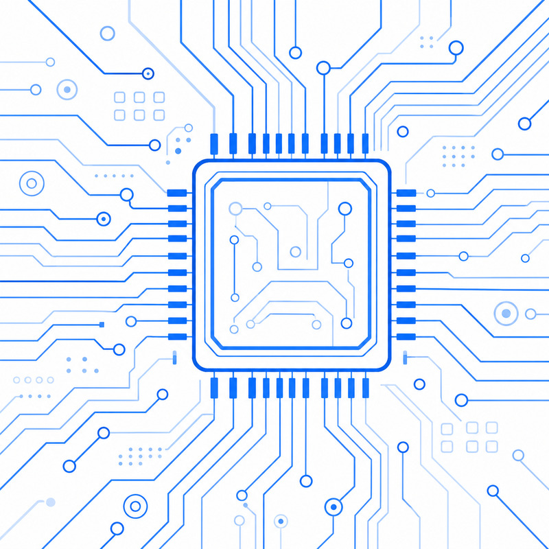 Abstract illustration of a microcontroller circuit fading into glowing lines of code — Next Arc's origin